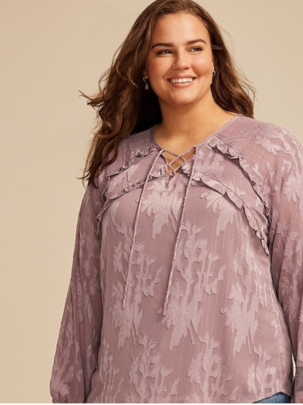 Maurices Xxl  Dusty Mauve Lace-Up Textured Floral Blouse